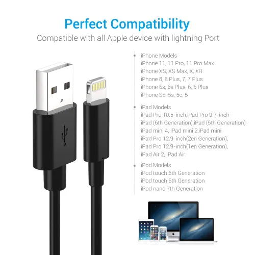 Vista 7 de Cable Lightning certificado – Cargador Nikolable para iPhone, paquete de 3 unidades de 6 pies de iluminación a USB A, cable de carga compatible