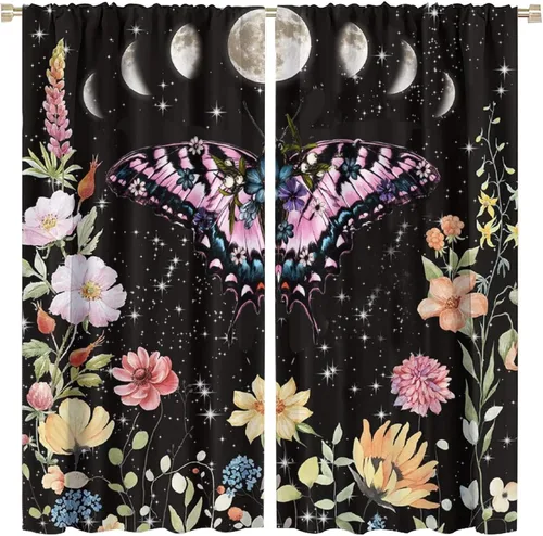 Vista 9 de Cortinas florales de luna, flores negras, fase de flores silvestres, luz de luna, jardín, estética, bohemio, primavera, vides, naturaleza, juego