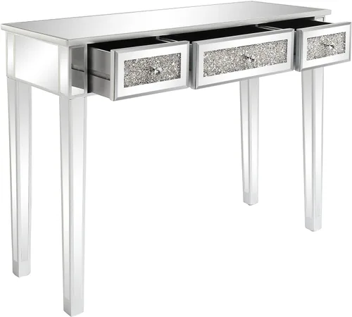 Vista 5 de Mesa de tocador plateada con 3 cajones, acabado de cajón de diamante brillante, mesa auxiliar de espejo para pasillo, sala de estar, tocador