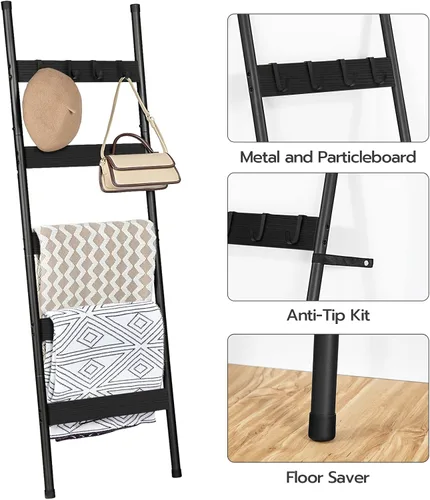 Vista 5 de HOOBRO Escalera para mantas, estante de toallas de 5 niveles con ganchos, estante de mantas inclinado en la pared, estante decorativo