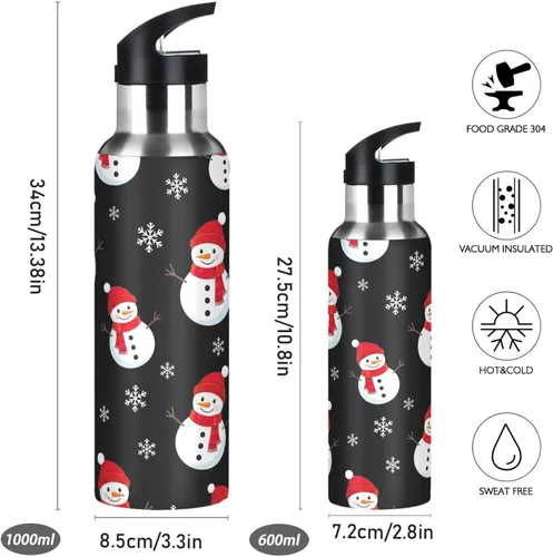 Vista 2 de Cute Snowmen Black Stainless Steel Vacuum Insulated Water Bottle 20 Oz Leakproof Water Bottles, BPA-Free Sports Water Bottle with Straw