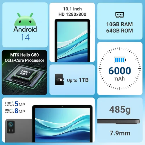 Vista 2 de DigiLand Tablet 2025, tableta Android de 10.1 pulgadas con procesador Octa-core 10 GB de RAM 64 GB ROM HD IPS pantalla táctil, 6000 mAh, BT 5.0