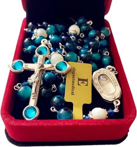 Vista 3 de elegantmedical HECHO A MANO CUENTAS DE OJO DE TIGRE CATÓLICO ROSARIO CRUCIFIJO COLLAR Lourdes Medalla de agua