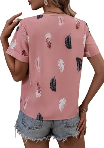 Vista 2 de LYANER Blusa casual de manga corta con cuello en V y estampado de plumas para mujer