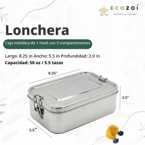 Vista 3 de ecozoi - Lonchera Bento de acero inoxidable con 5 compartimentos para adultos y niños, recipiente de metal a prueba de fugas de 50 onzas con taza