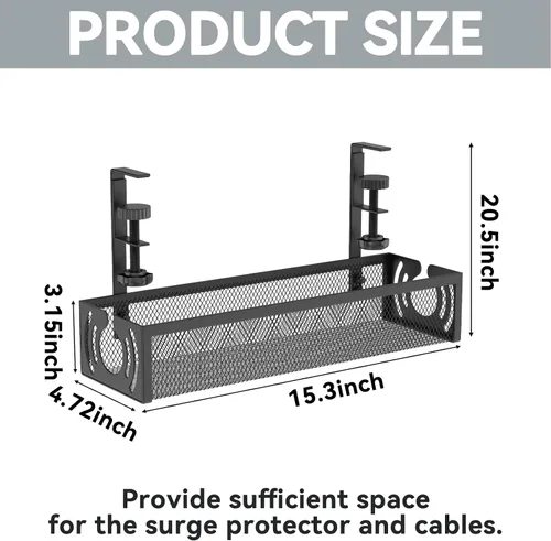 Vista 5 de Organizador de cables, bandeja de organización de cables debajo del escritorio de 15 pulgadas, sin taladro, organizador de cables de metal con Negro