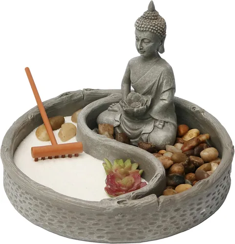 Vista 13 de Kit de jardín zen mini de Nature's Mark para escritorio con rastrillo, arena blanca, figura de loto, base cuadrada negra de 3 secciones, rocas