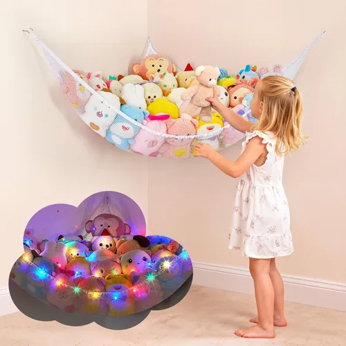 Vista 10 de Basumee Hamaca de animales de peluche con luz LED, organizador de red de juguetes de peluche, organizador de esquina para almacenamiento de animales
