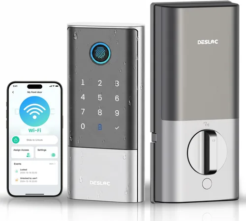 Vista 9 de DESLOC Smart Lock K120, cerradura de puerta delantera sin llave de huellas dactilares, cerrojo electrónico WiFi, batería de iones de litio de 16