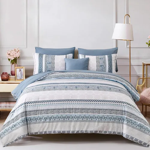 Vista 26 de Cottolester - Juego de edredón bohemio de tamaño matrimonial, 8 piezas, ropa de cama de microfibra suave en una bolsa, rayada y de color aguamarina