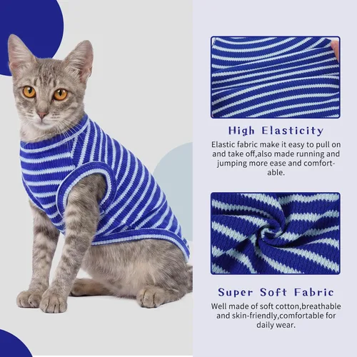 Vista 2 de BRKURLEG Camisa de punto para gatos, chaleco sin mangas para gatos Sphynx y perros pequeños, ropa suave de primavera y verano, camisetas Rayas azules
