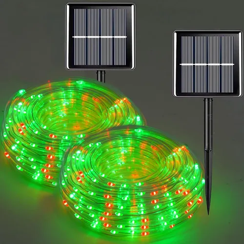 Vista 15 de QITONG Paquete de 2 luces solares verdes, cada cadena de 100 luces LED de 33 pies para exteriores, 8 modos de luces de hadas en tubo de PVC
