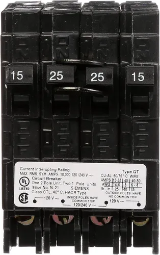 Vista 2 de Siemens Disyuntor triplex QT de doble polo de 25 amperios y (2) 15 amperios