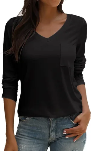 Vista 2 de Tobrief - Camiseta de manga larga con cuello en V para mujer, corte holgado, estilo informal, con bolsillo