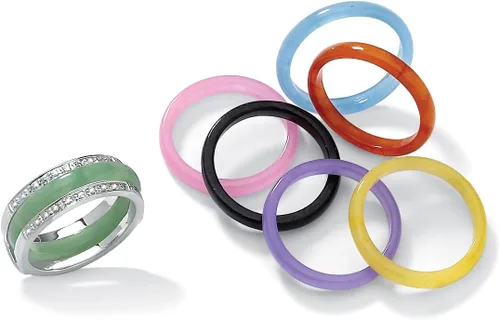 Vista 5 de PalmBeach - Juego de 8 anillos intercambiables de plata de ley y jade multicolor, tallas 5-10