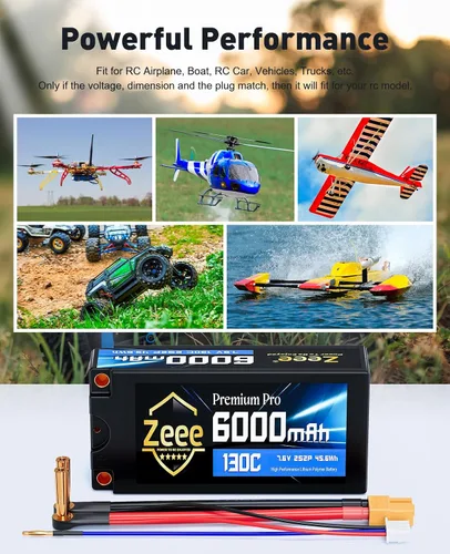 Vista 6 de Zeee Premium Pro 2S 6000mAh Lipo Batería 7.6V 130C con conector de bala a XT60 de 0.197 in, resistencia interna ultrabaja, carcasa rígida para auto