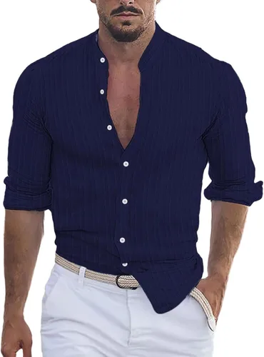 Vista 23 de Camisa de lino de algodón para hombre, manga larga con botones, cuello alto con bandas para playa y verano