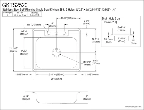Vista 3 de Kingston GKTS2520 - Fregadero de cocina de un solo tazón, acero inoxidable cepillado