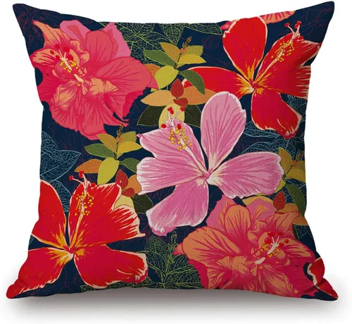 Vista 58 de Solekla Funda de almohada cuadrada de lino y algodón con flores blancas y negras, funda de cojín decorativa para sofá de 18 x 18 pulgadas Sl157