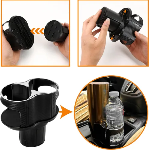 Vista 4 de Portavasos doble para automóvil, inserto de taza extra 2 en 1 con base expandible, adaptador extensor multifuncional con boca elástica de apertura