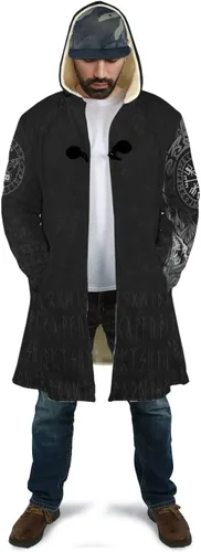 Vista 4 de WSXJJ Abrigo con capucha de tatuaje de lobo vikingo Fenrir en 3D, abrigo nórdico de cachemira sintética para hombre, chaqueta de invierno de media