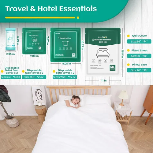 Vista 13 de Sábanas desechables para hotel, artículos esenciales de viaje con 2 toallas de baño desechables, 2 toallas faciales desechables y 4 piezas