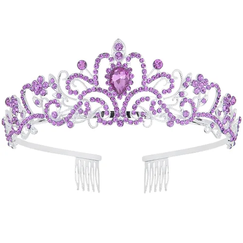 Vista 9 de CURASA Tiara de cristal rosa para mujer, corona de princesa, corona de cumpleaños, diadema de boda, accesorios para el cabello para disfraz