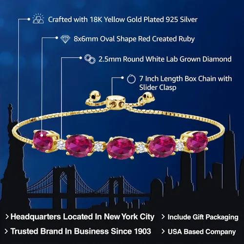 Vista 2 de 18K Yellow Gold Plated Silver Gemstone Birthstone and White Lab Grown Diamond Tennis Bracelet for Women Oval 8X6MM with Round 2.5MM Accents