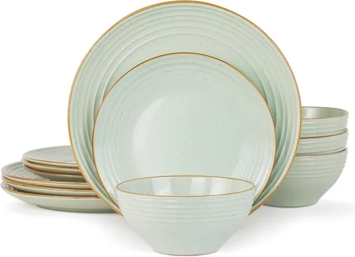 Vista 17 de Juego de vajilla Famiware Jupiter, platos y cuencos para 4 (12 piezas), vajilla de piedra salpicada apta para microondas y lavaplatos, resistente a