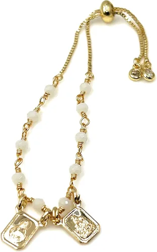 Vista 5 de Pulsera escapular católica con cuentas de cristal blanco ajustable M Cristal Chapado en oro