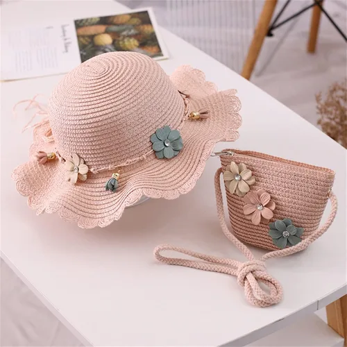 Vista 6 de Sombrero de paja para bebé niña + bolsa de playa para niñas, sombrero de paja para niños, sombrero, sombrero de flores para niños