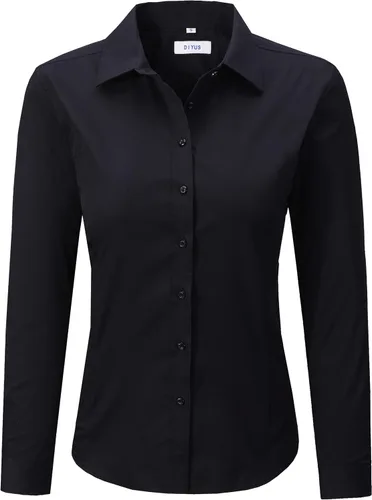 Vista 3 de Blusa de trabajo con botones para mujer, de algodón elástico, manga larga, ajuste delgado