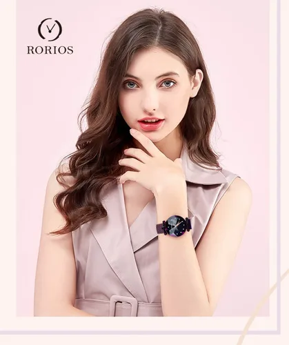 Vista 2 de RORIOS Relojes de pulsera de diamantes simulados de cuarzo analógico con esfera de cielo estrellado