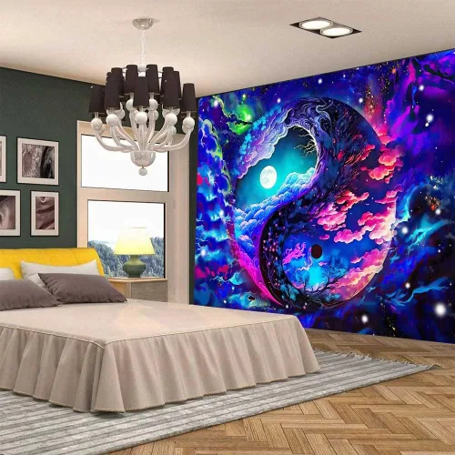Vista 3 de Aidatain Tapiz de cielo colorido de fantasía, luna, nebulosa deslumbrante, Yin y Yang, tapiz de pared, grande de 80 x 60 pulgadas, tela de franela