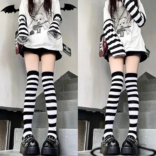 Vista 2 de TOMORI Calcetines largos por encima de la rodilla para mujer, con rayas largas hasta el muslo, casuales, elegantes, calcetines de tubo