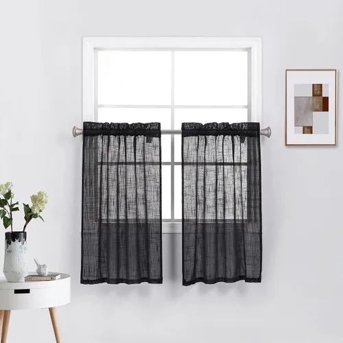 Vista 14 de Diamond Home Linens 2 paneles cortos con bolsillo para barra, filtrado de luz, de lino, texturizado, para ventanas pequeñas, 27 pulgadas de ancho x