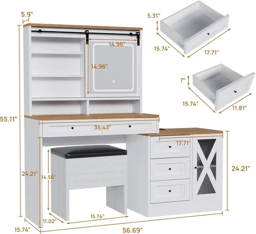 Vista 2 de Escritorio de maquillaje de granja de 56 pulgadas con espejo deslizante y luces, color blanco Rustic Dressing Table with Charging Station Power