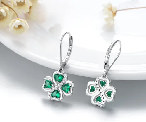 Vista 5 de NIFUNAO Aretes de trébol para mujer, plata de ley 925, aretes de trébol con cierre de palanca, aretes del día de San Patricio, joyería irlandesa