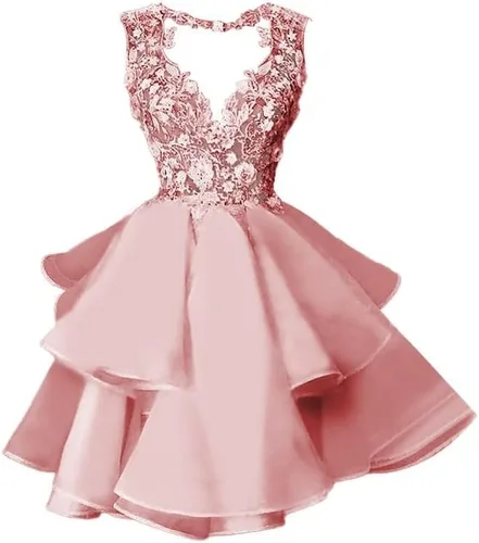 Vista 6 de Vestido corto de tul con apliques de encaje para adolescentes, cuello en V, vestido de cóctel acampanado