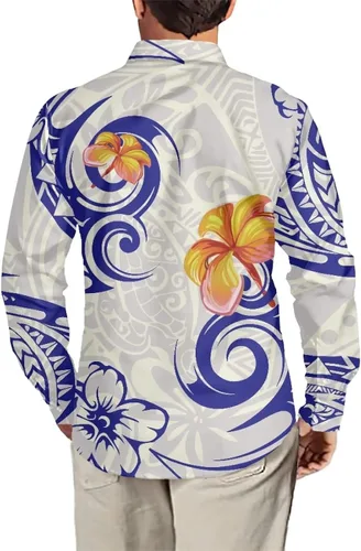 Vista 3 de Camisa polinesia con botones para hombre, Aloha Samoan, patrón tradicional, manga larga, camisa hawaiana para hombre, talla grande, casual
