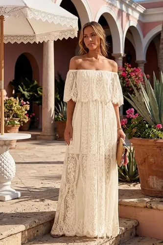 Vista 2 de Holipick Vestido Maxi de Encaje con Hombros Descubiertos para Mujer Estilo Boho Invitada de Boda Dama de Honor Playa Vestido Largo Formal Beige