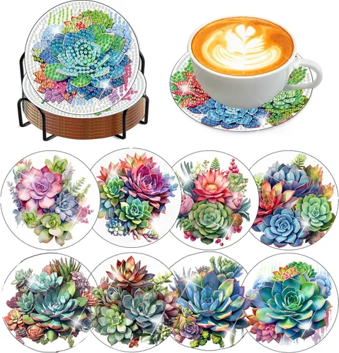 Vista 25 de Meothan Juego de 8 posavasos de arte de diamante para adultos con soporte, almohadillas de corcho, posavasos de arte de puntos de diamante de vidrio