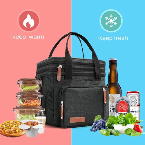 Vista 7 de MOV COMPRA Bolsas de almuerzo para hombres y mujeres, lonchera negra para adultos, para el trabajo, ampliable, a prueba de fugas, doble cubierta