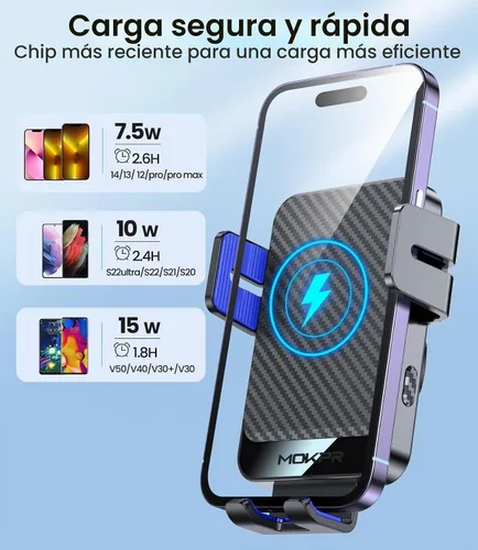 Vista 5 de Cargador inalámbrico para automóvil, MOKPR 15W carga rápida con sujeción automática, soporte de cargador para automóvil manos libres para tablero