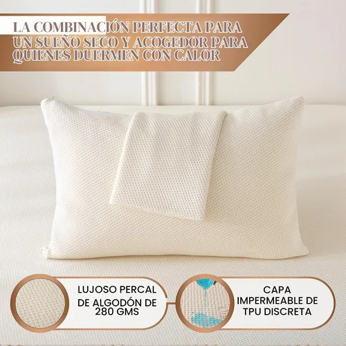 Vista 3 de Paquete de 2 protectores de almohada orgánicos refrescantes de lujo, tamaño Queen, fundas impermeables con cremallera, superficie de algodón
