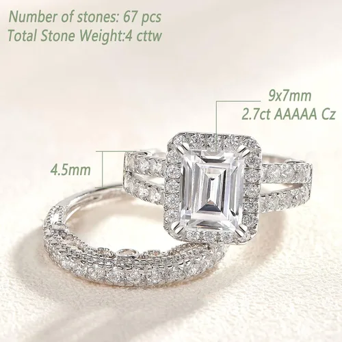 Vista 5 de Wuziwen Juego de anillos de compromiso de plata de ley de 4 quilates con corte esmeralda para mujer, talla 5-10