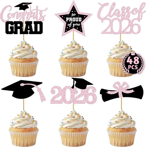 Vista 17 de 48 adornos para cupcakes graduados, 6 estilos de decoración para tartas de graduación, decoraciones de graduación de felicitaciones 2026, tapa negra
