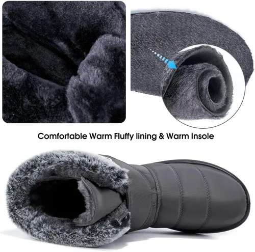 Vista 5 de Botas de nieve para mujer, zapatos de invierno con lazo de gancho, cómodas botas forradas de piel para mujer, botas impermeables sin cordones