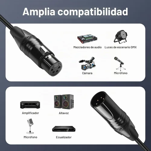 Vista 4 de GINTOOYUN Cable DMX de 4 pines de señal XLR macho a hembra DMX512 XLR macho a hembra Cable de señal de luz de escenario con conectores metálicos