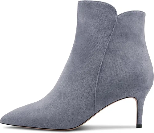 Vista 2 de Aachcol Botas de tobillo cortas para mujer, botines de punta puntiaguda, sin cordones, tacón medio, cremallera de gamuza de 2.5 pulgadas